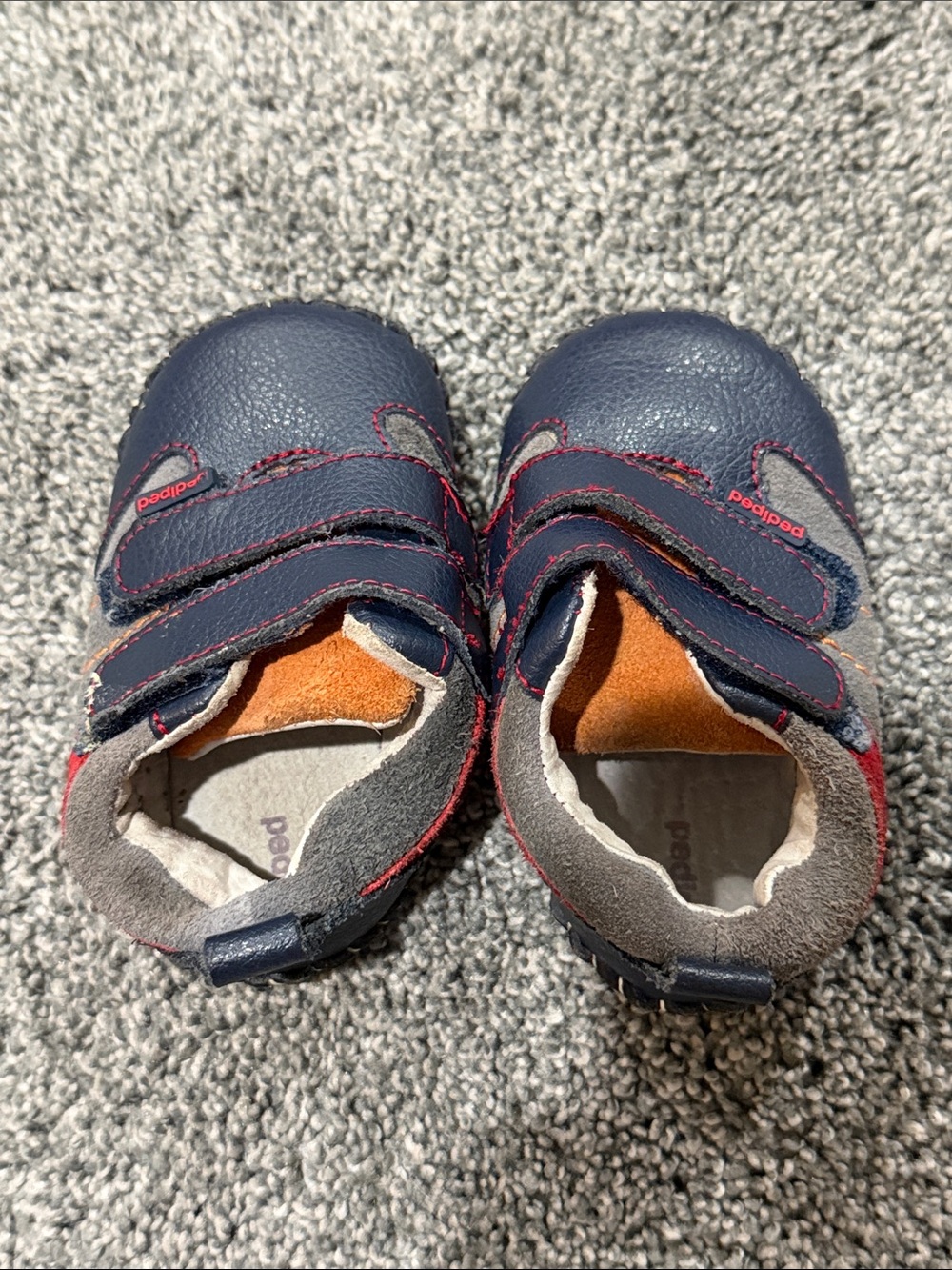 pediped Navy Leather Baby Walker Shoes with Red Stitching